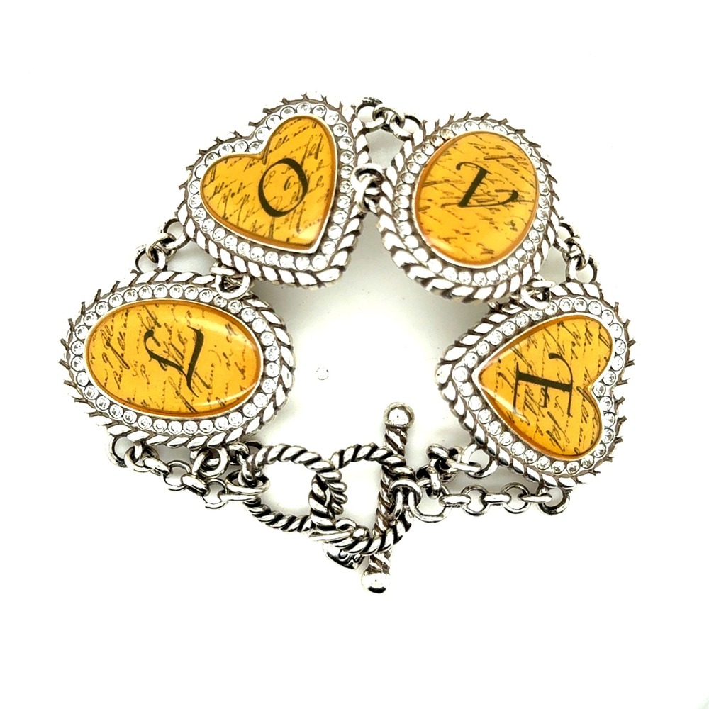 Brighton LOVE Script Heart Oval Crystal Toggle Bracelet Silver Tone Retired 8in